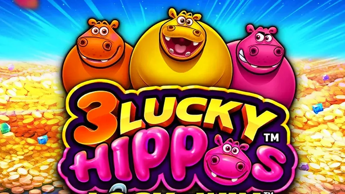 Tampilan visual permainan slot 3 Lucky Hippos dengan tema hewan yang ceria.
